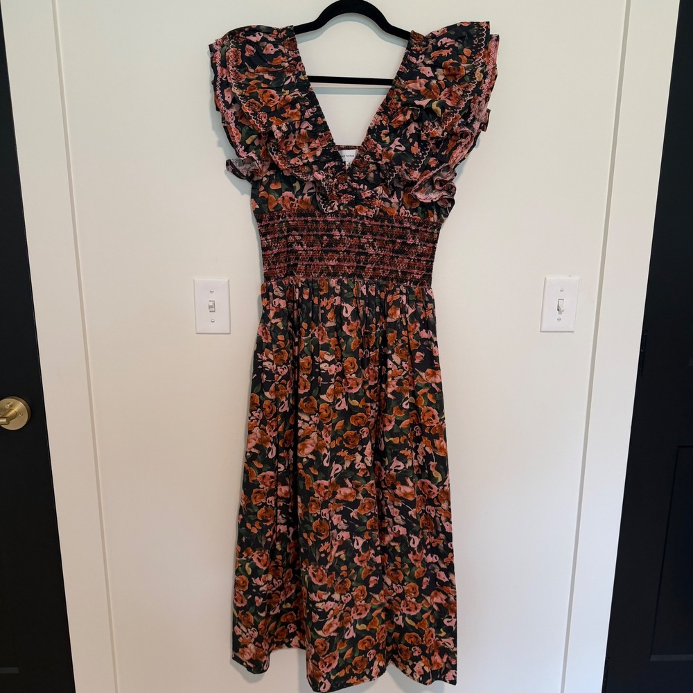 Something Navy Floral Smocked Midi Dress Pink Orange Ruffle Sleeve Womens Medium